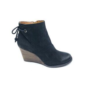 Lucky Brand Yamina Booties Wedge Black Leather Suede Womens US 7.5M